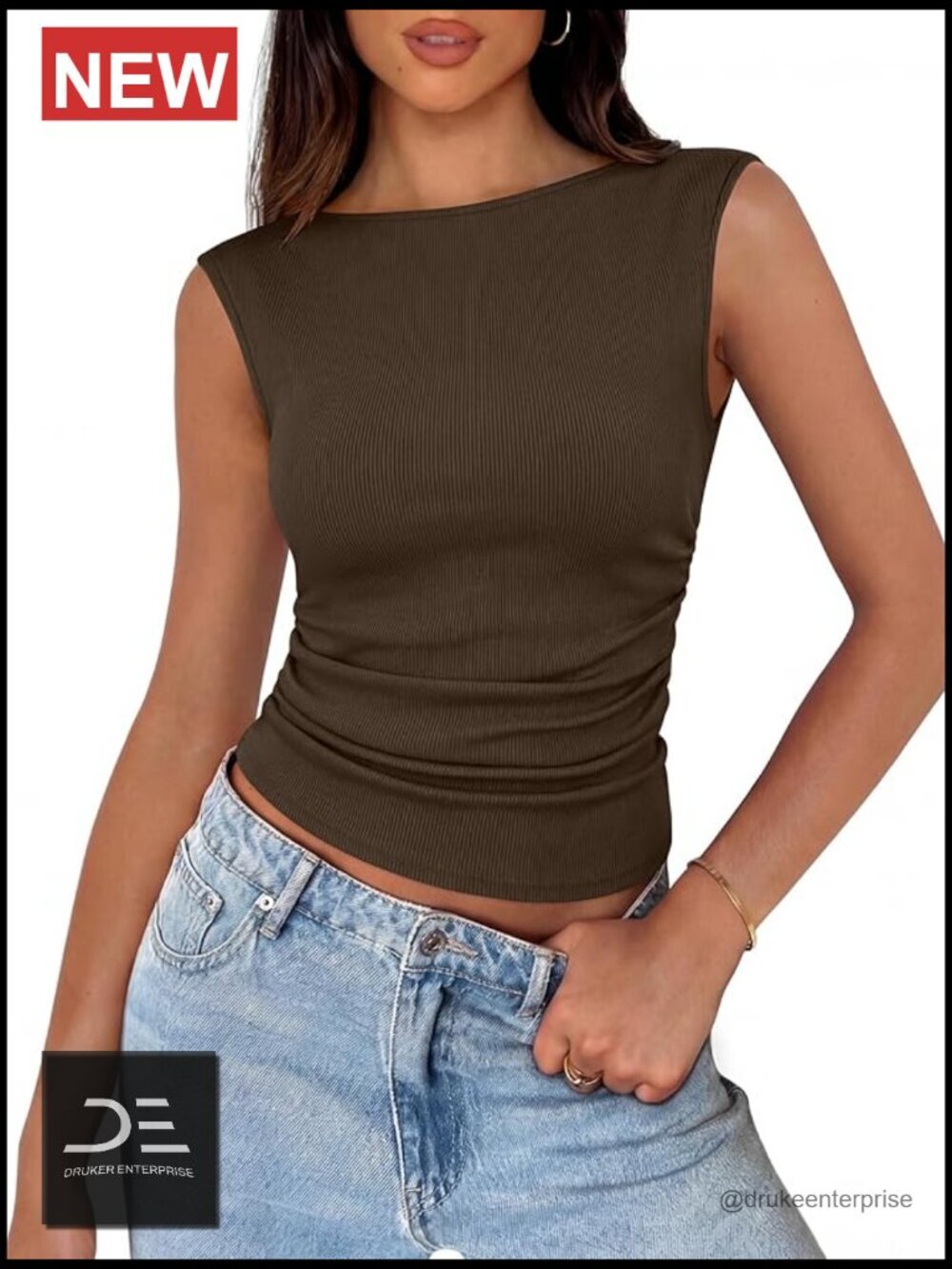 Women's Sleeveless Boat Neck Rib Crop Tank Top Slim Fit Ruched